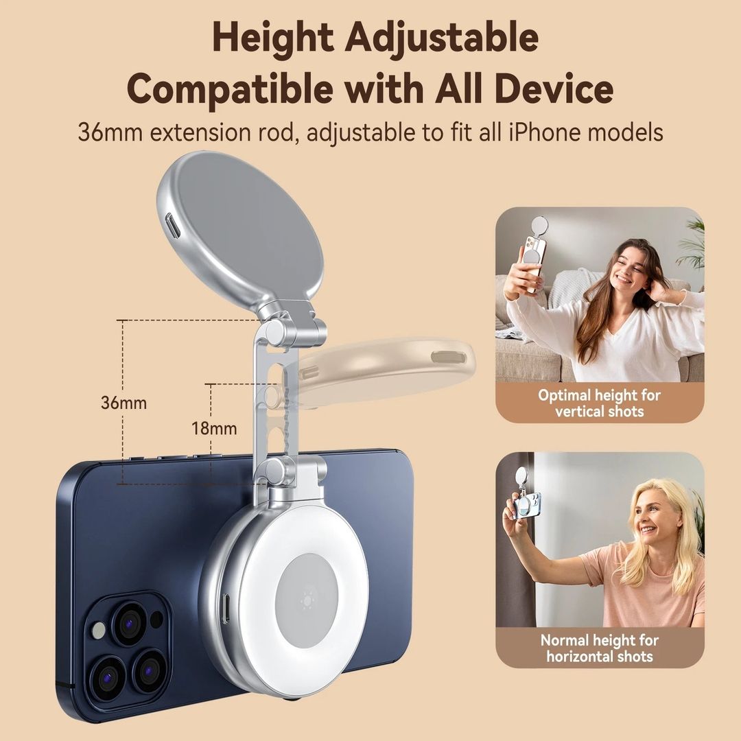 Magnetic Fill Light Mirror | Professional LED Selfie Light with Front & Rear Light, Foldable Stand for Phones