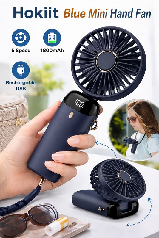 Hokiit Blue Mini Hand Fan | Portable Foldable Fan & 1800mAh Power Bank