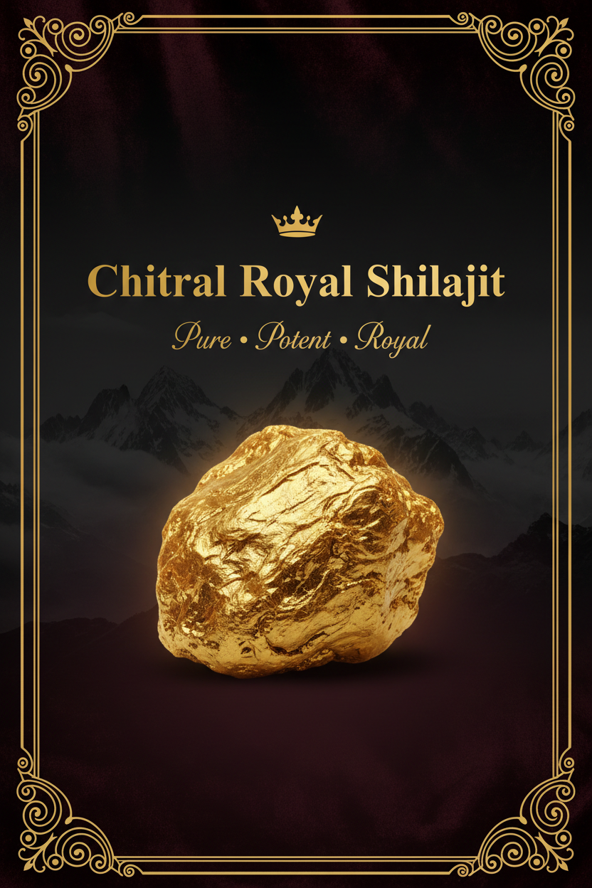 Gold shilajit stone with Chitral Royal Shilajit branding against a mountainous background.