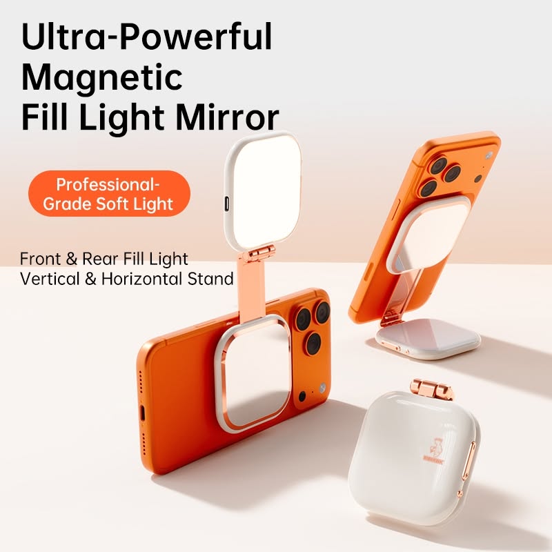 Magnetic Fill Light Mirror | Professional LED Selfie Light with Front & Rear Light, Foldable Stand for Phones